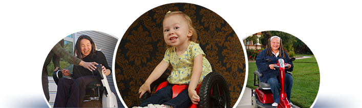 Three photos of people using assistive technology: a smiling toddler with a wheelchair, a woman excited about a power wheelchair, and a woman operating a scooter.